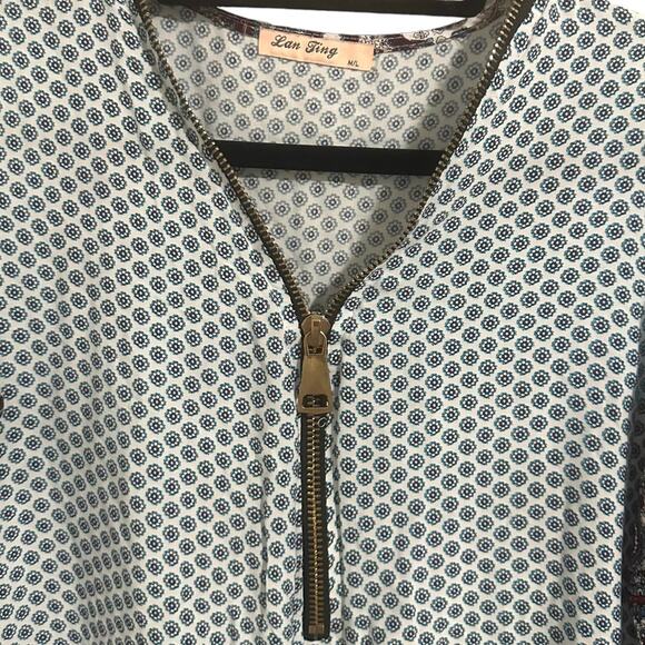 Vintage Pullover Tunic Top Batik Print V-Neck Zipper Blouse Blue Burgundy M/L - Picture 7 of 9